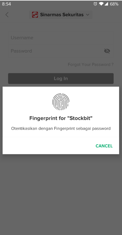 Gambar tampilan login ke akun Sinarmas Sekuritas menggunakan sidik jari, tanpa password dan username, di Stockbit mobile app. IndoPremier vs Stockbit + Sinarmas Sekuritas, Stockbit menang di sini.